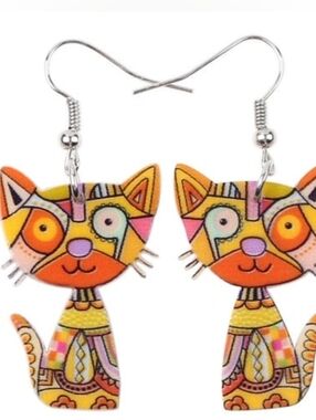 Hand Crafted Yellow Orange Multicolor Cat Dangle Earrings